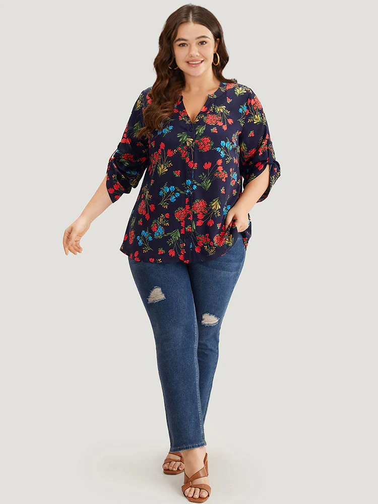 Floral Print Notched Tab Sleeve Blouse - Image 4