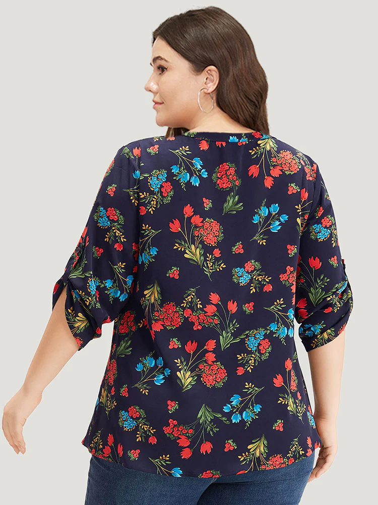Floral Print Notched Tab Sleeve Blouse - Image 5