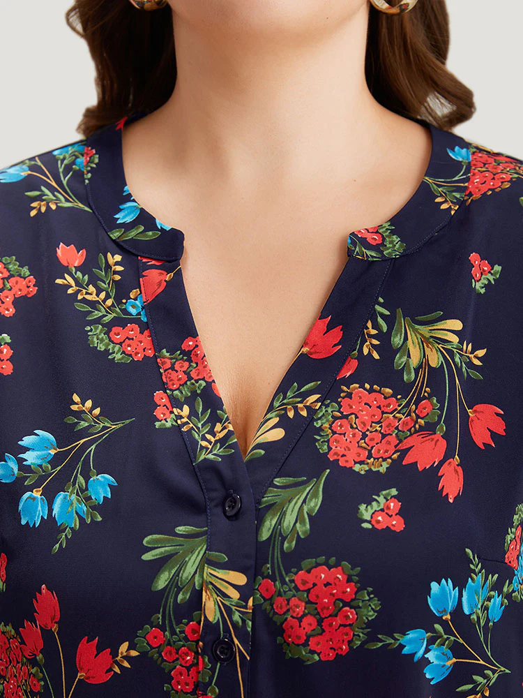 Floral Print Notched Tab Sleeve Blouse - Image 6