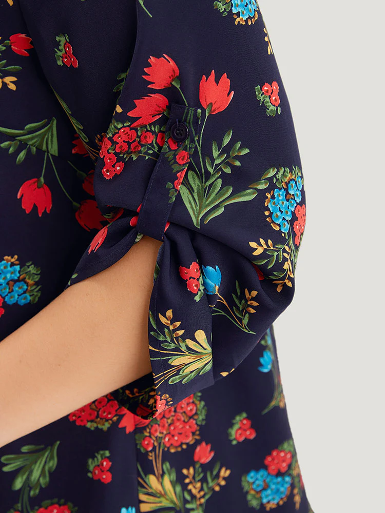 Floral Print Notched Tab Sleeve Blouse - Image 7
