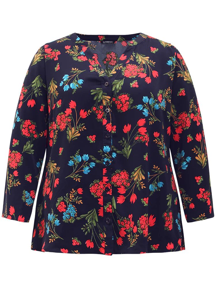 Floral Print Notched Tab Sleeve Blouse - Image 8