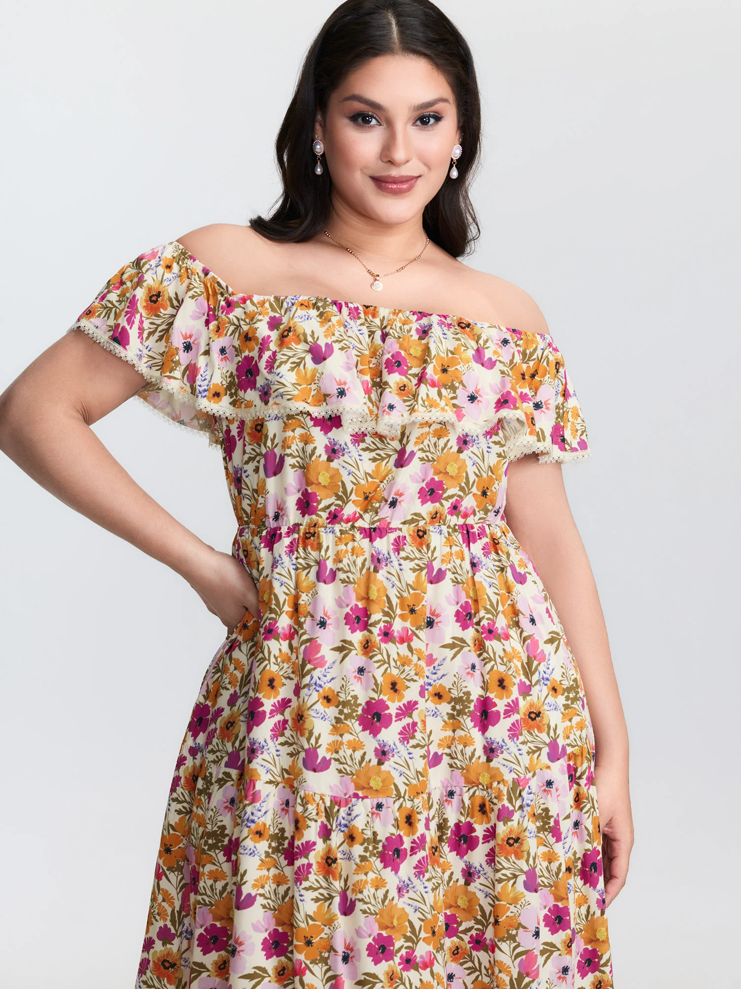 Floral Print Off-Shoulder Stretchy Waist Maxi Dress - Image 2