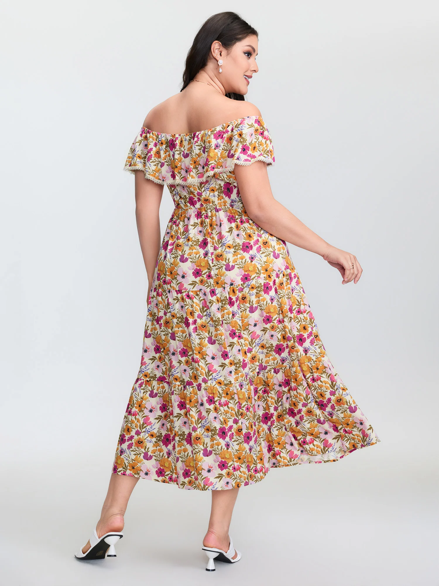 Floral Print Off-Shoulder Stretchy Waist Maxi Dress - Image 4