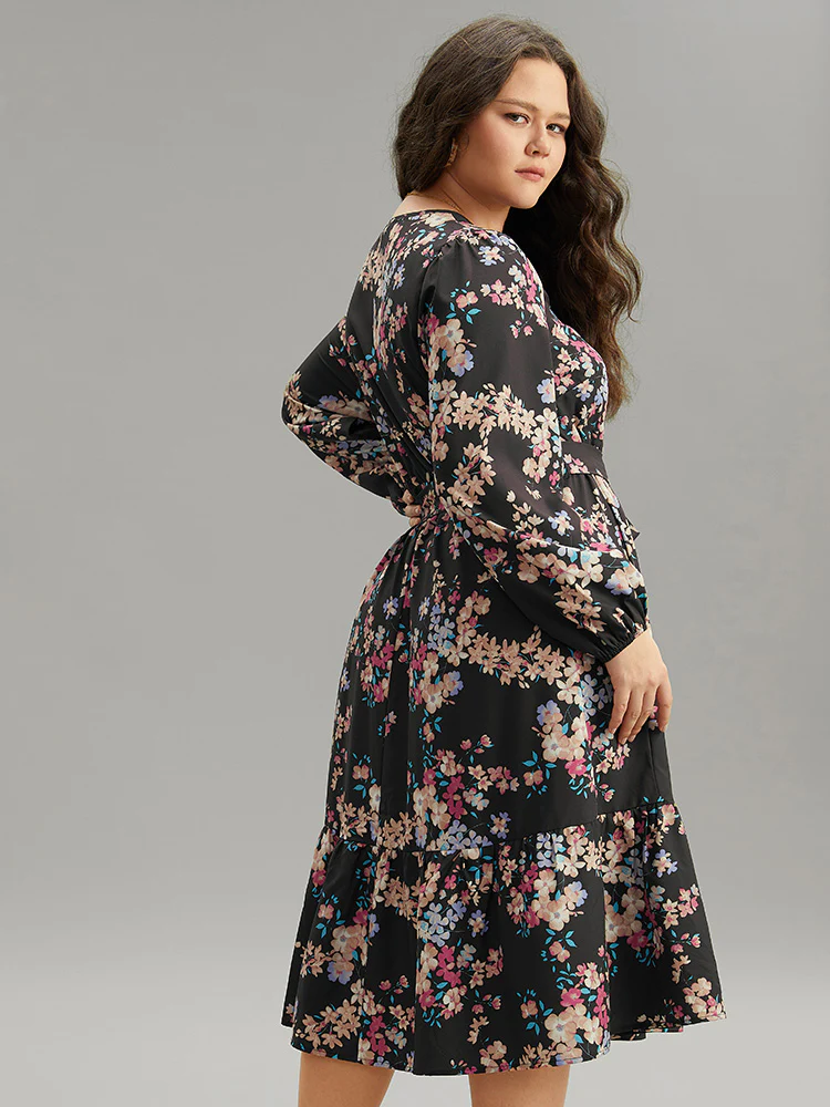 Floral Print Overlap Collar Elastic Cuffs Dress - Image 2