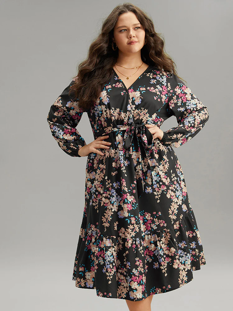 Floral Print Overlap Collar Elastic Cuffs Dress - Image 3