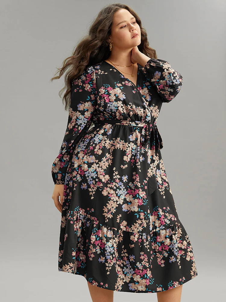 Floral Print Overlap Collar Elastic Cuffs Dress - Image 4