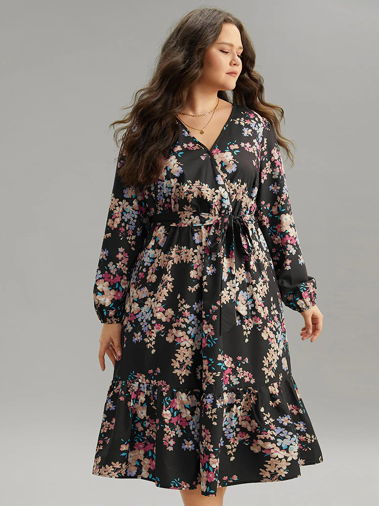 Floral Print Overlap Collar Elastic Cuffs Dress - Image 5