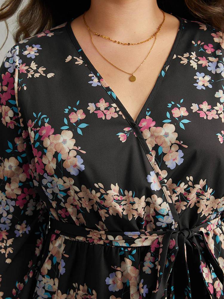 Floral Print Overlap Collar Elastic Cuffs Dress - Image 6