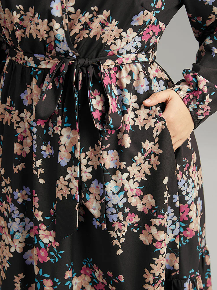 Floral Print Overlap Collar Elastic Cuffs Dress - Image 7