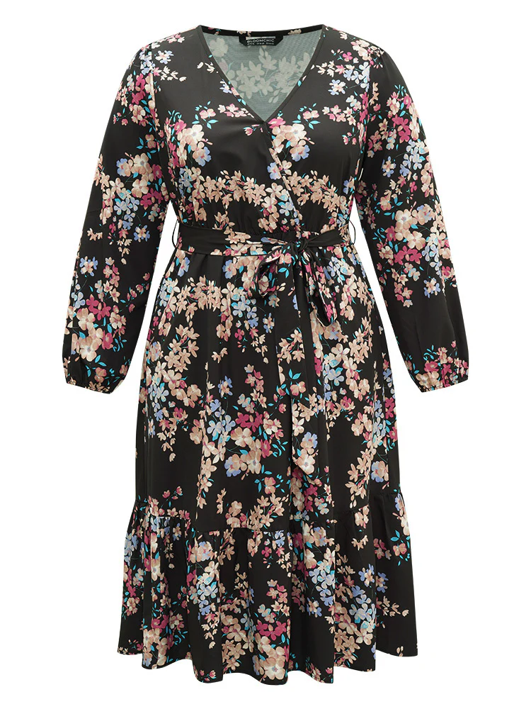 Floral Print Overlap Collar Elastic Cuffs Dress - Image 8