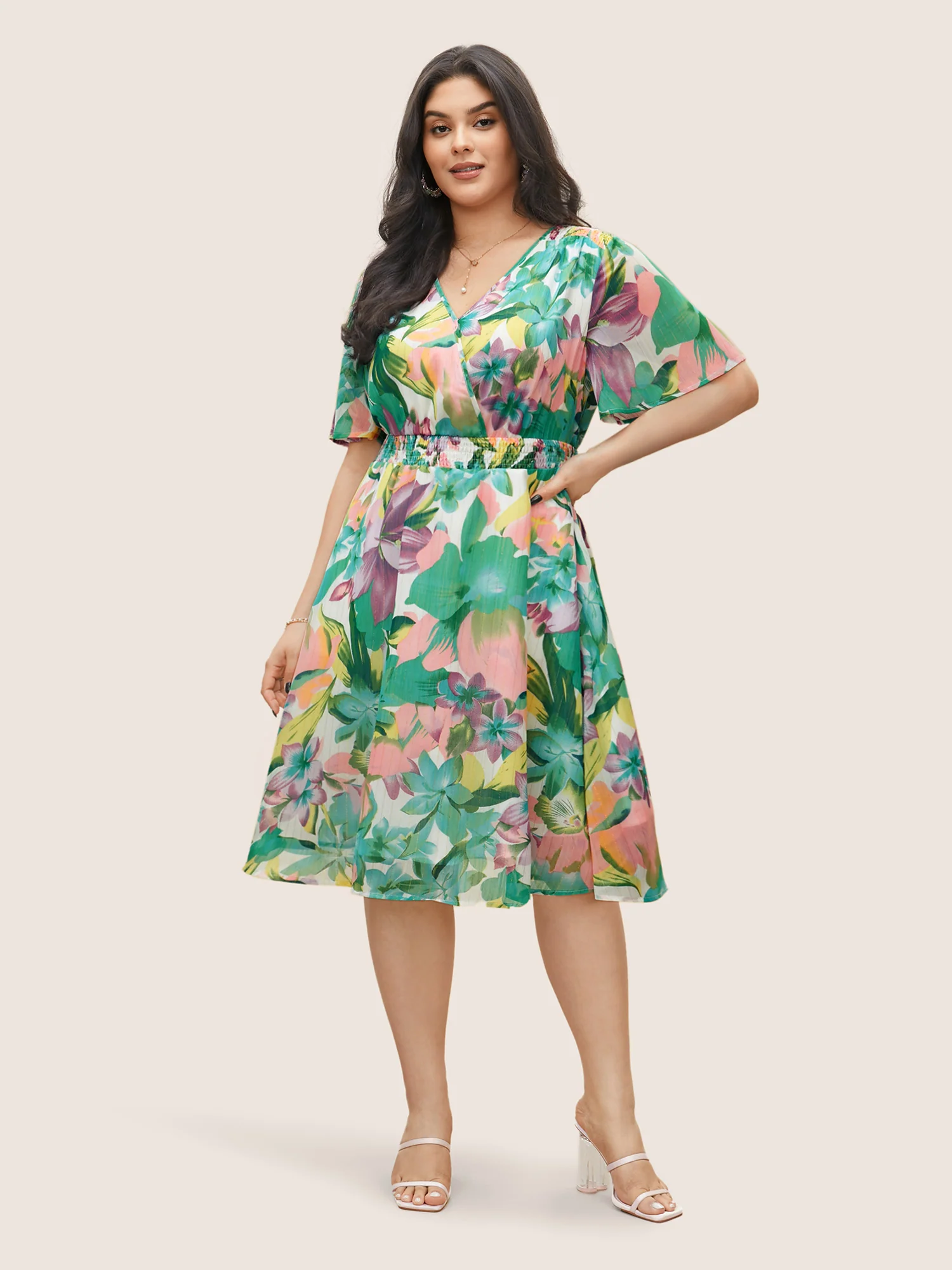 Floral Print Overlap Collar Pocket Shirred Dress - Image 2