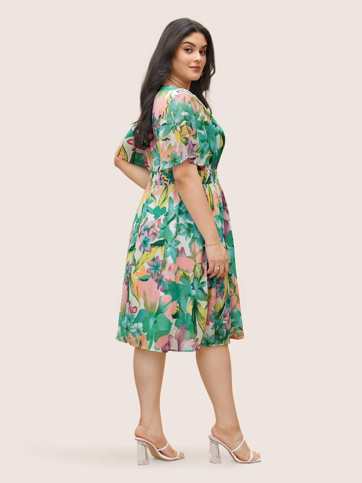 Floral Print Overlap Collar Pocket Shirred Dress - Image 3