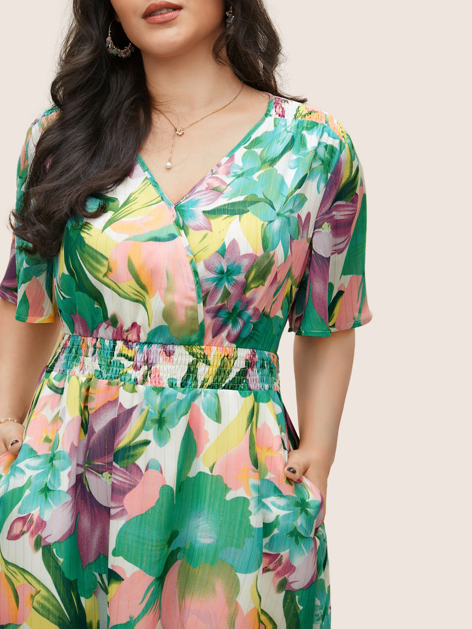 Floral Print Overlap Collar Pocket Shirred Dress - Image 4