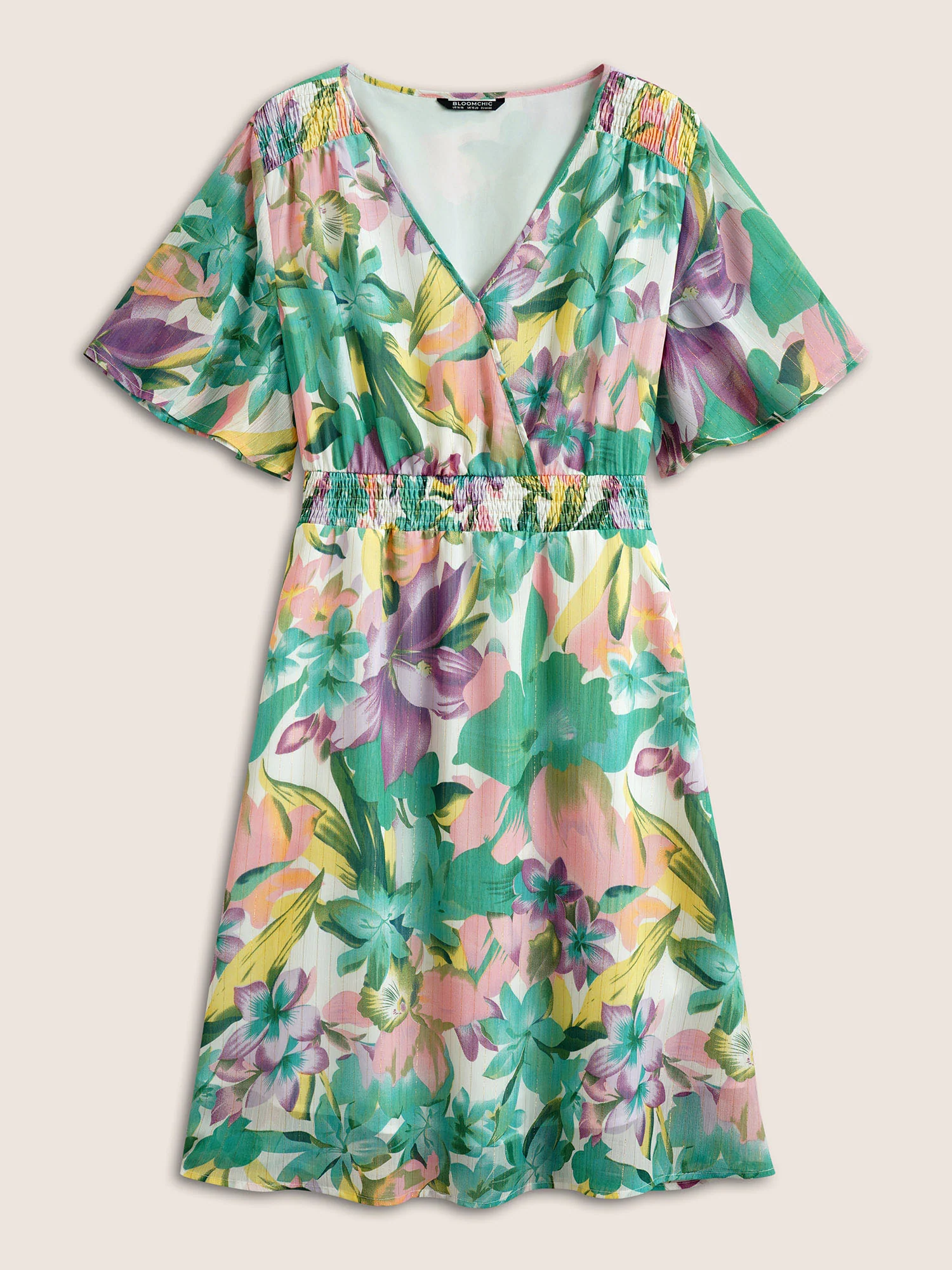 Floral Print Overlap Collar Pocket Shirred Dress - Image 7