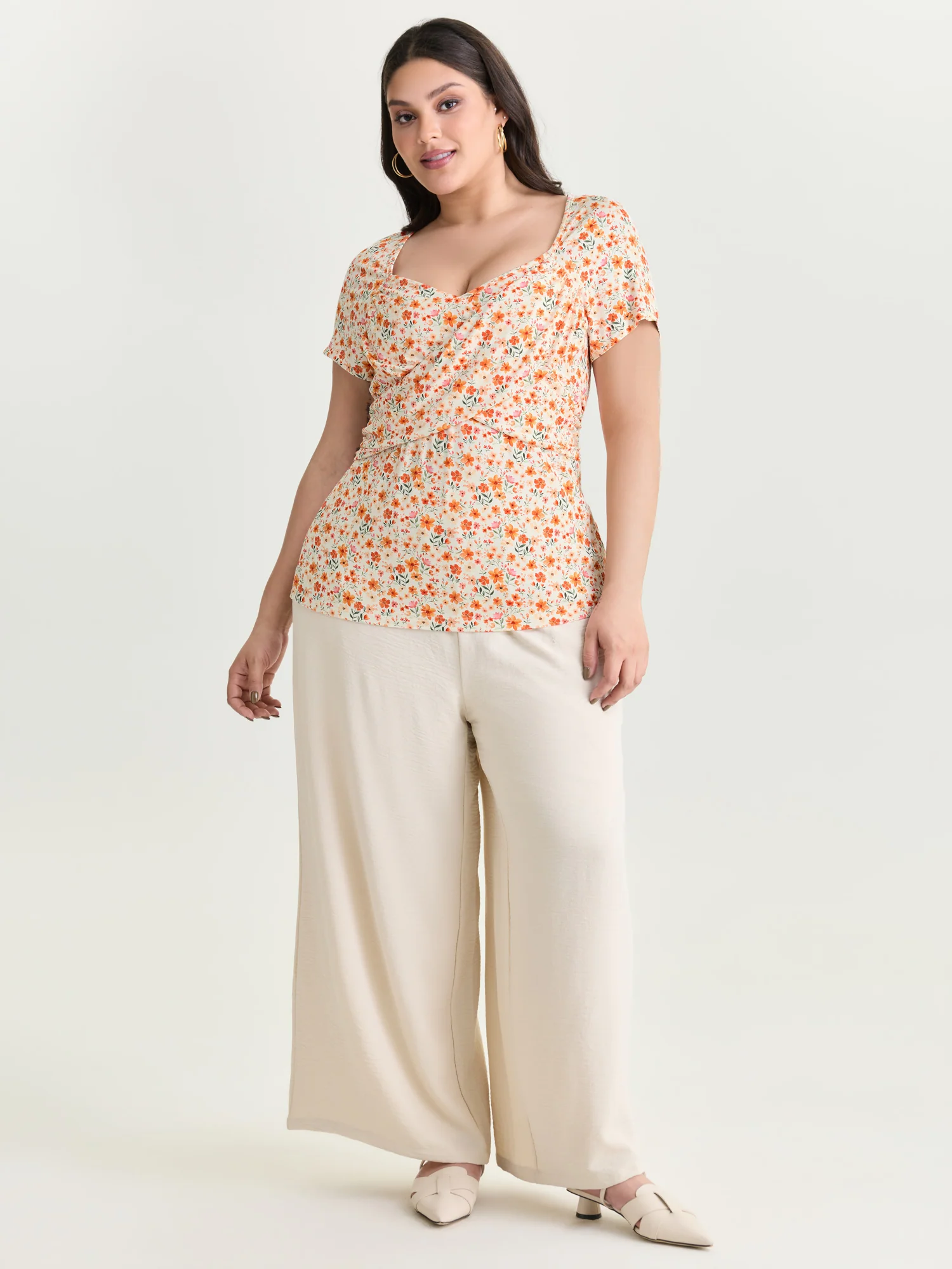 Floral Print Overlap Pleats Knit Top - Image 3