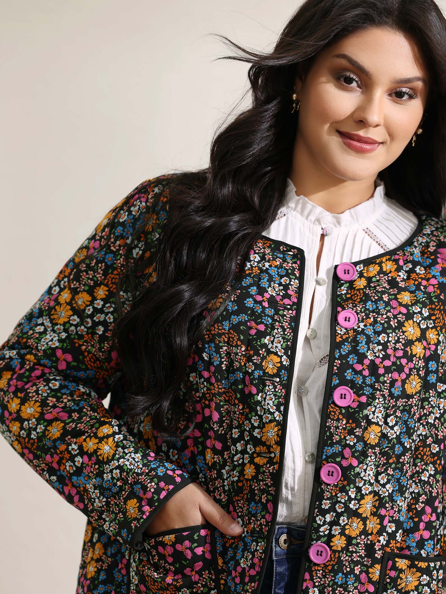 Floral Print Pocket Quilted Jacket - Image 2