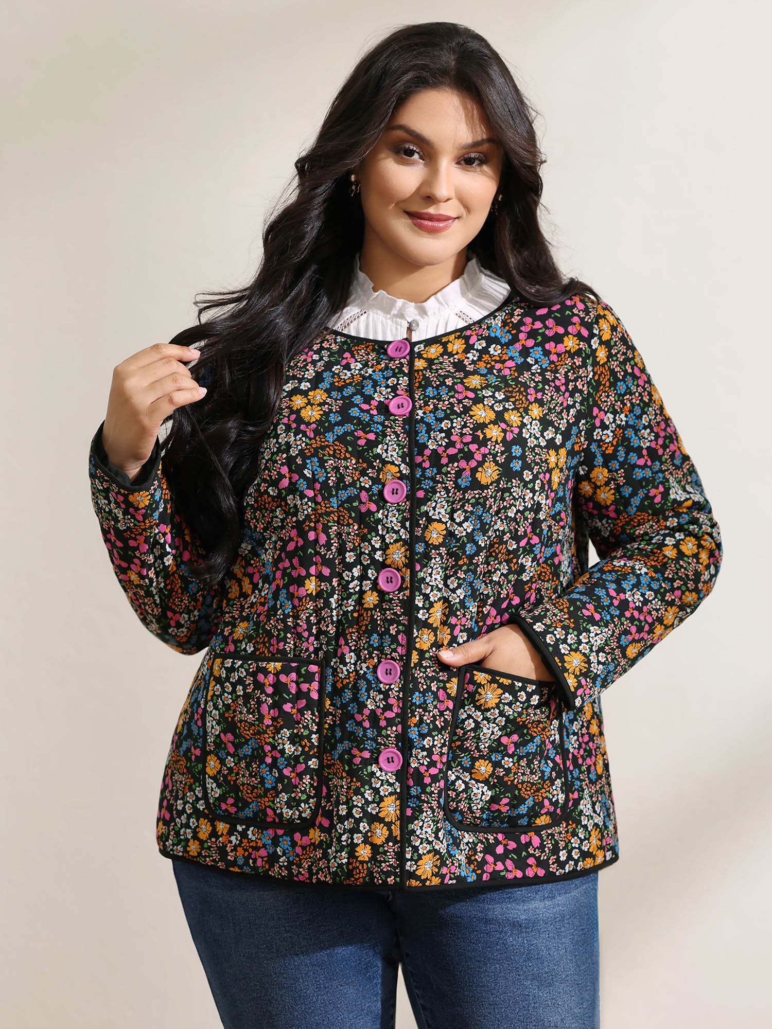 Floral Print Pocket Quilted Jacket - Image 3