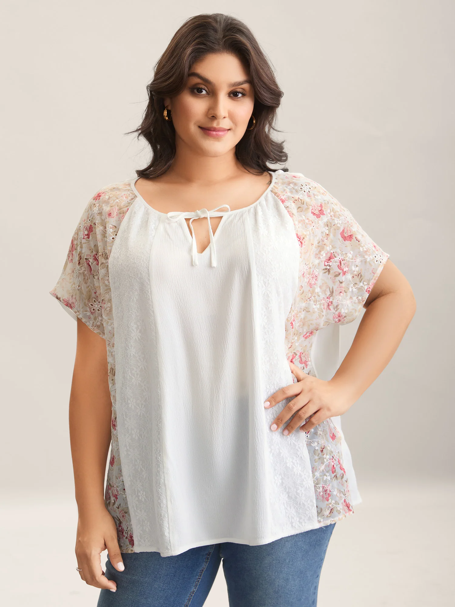 Floral Print Panel Sheer Keyhole Blouse
