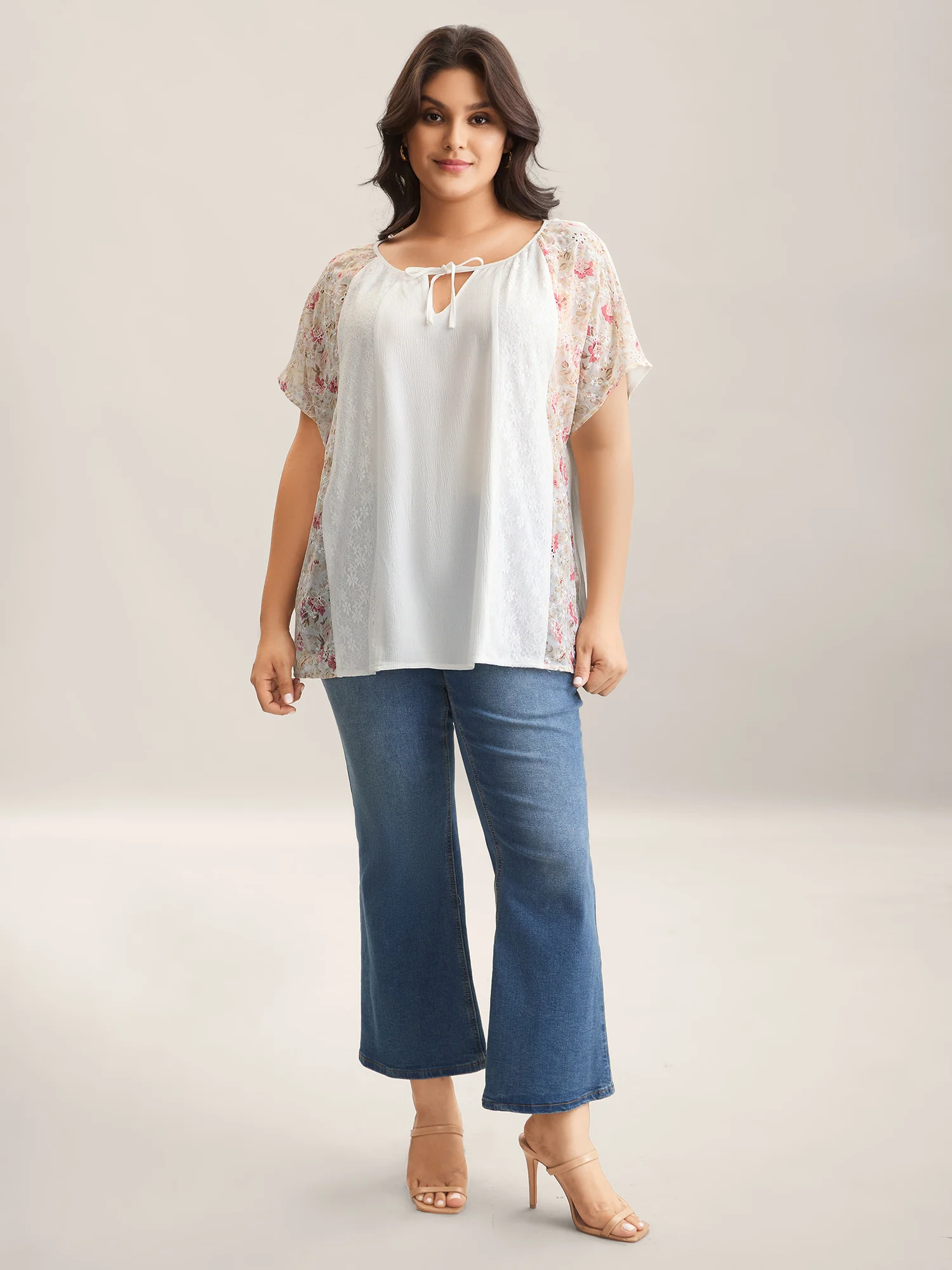 Floral Print Panel Sheer Keyhole Blouse - Image 3