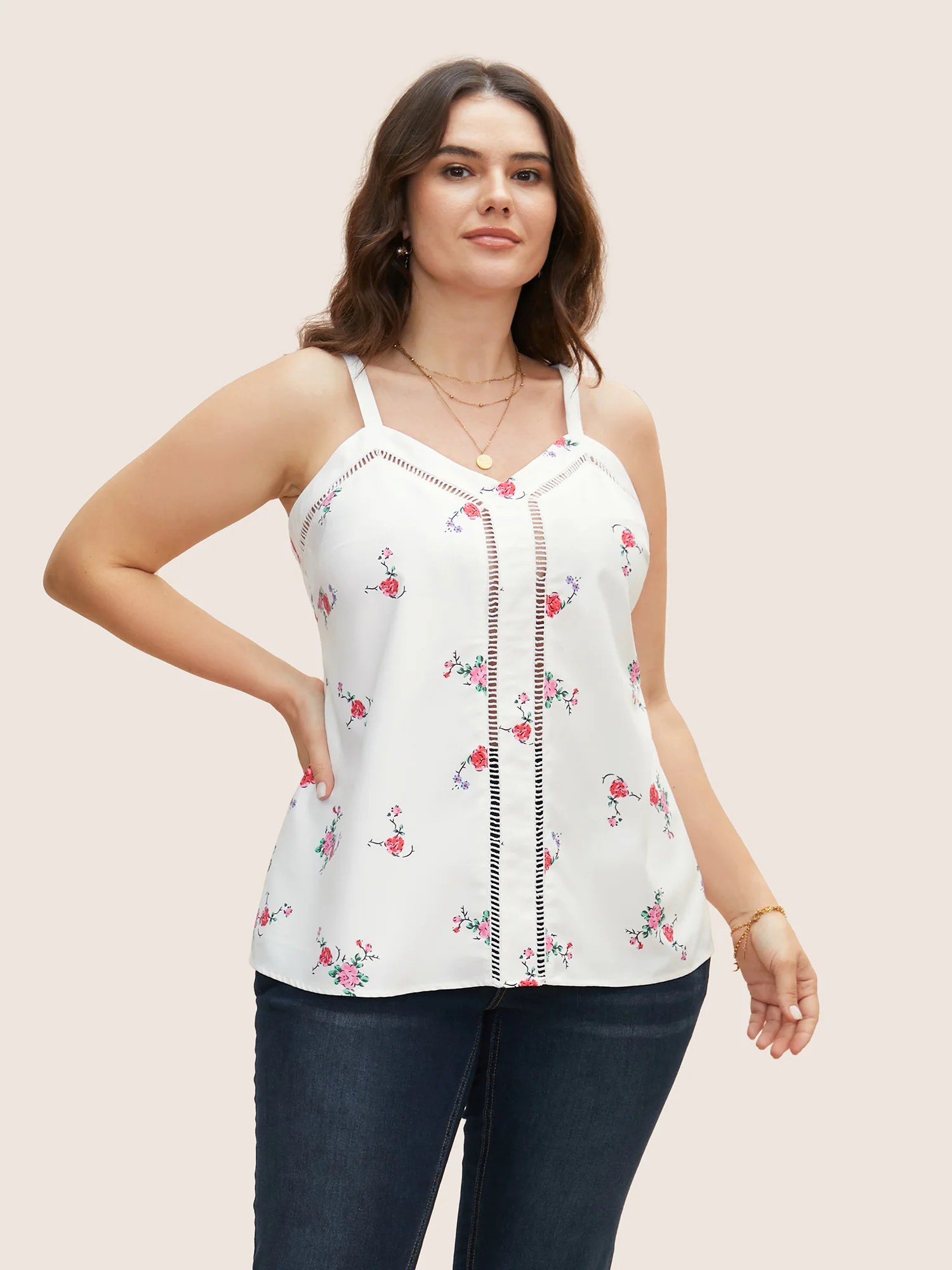 Floral Print Patchwork Cut Out Cami Top