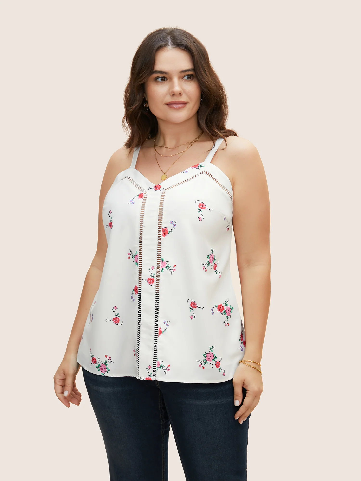 Floral Print Patchwork Cut Out Cami Top - Image 2