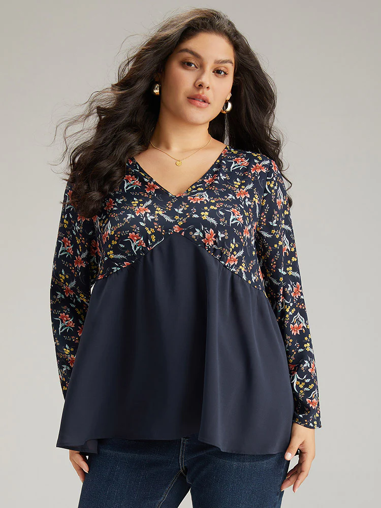 Floral Print Patchwork Pleated Blouse - Image 2