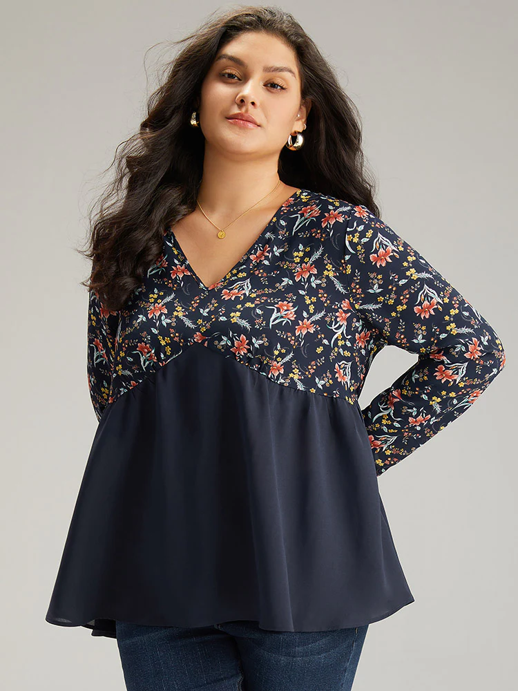 Floral Print Patchwork Pleated Blouse - Image 3