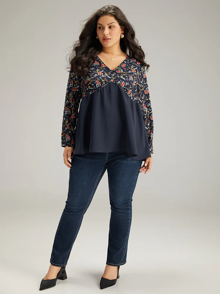 Floral Print Patchwork Pleated Blouse - Image 4