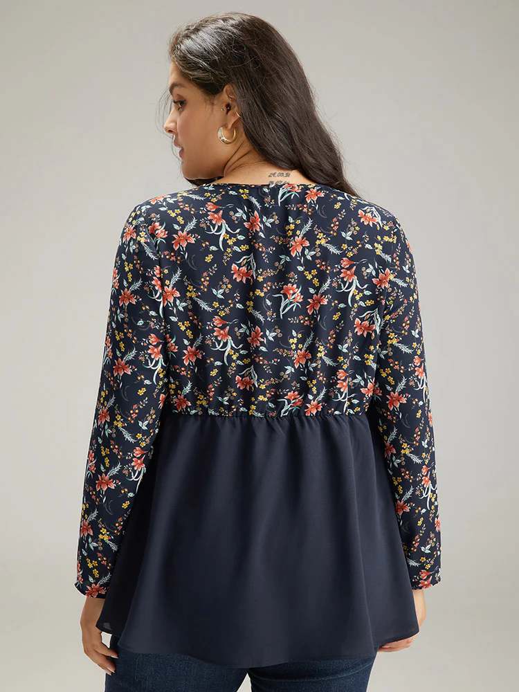 Floral Print Patchwork Pleated Blouse - Image 5