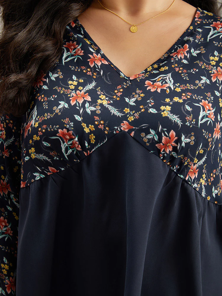 Floral Print Patchwork Pleated Blouse - Image 6