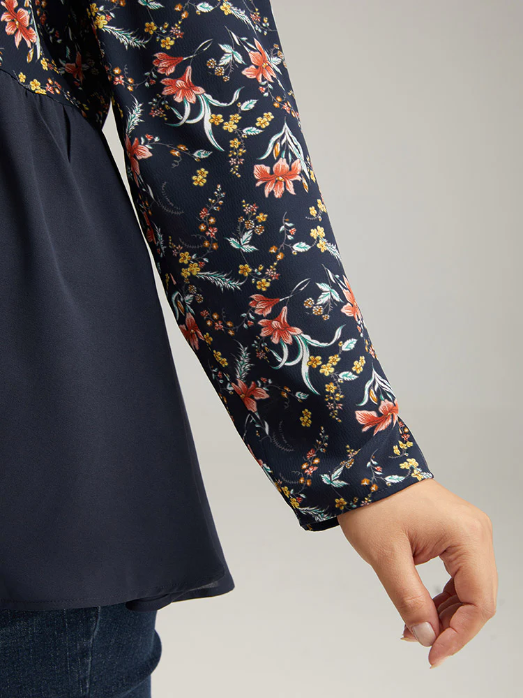 Floral Print Patchwork Pleated Blouse - Image 7