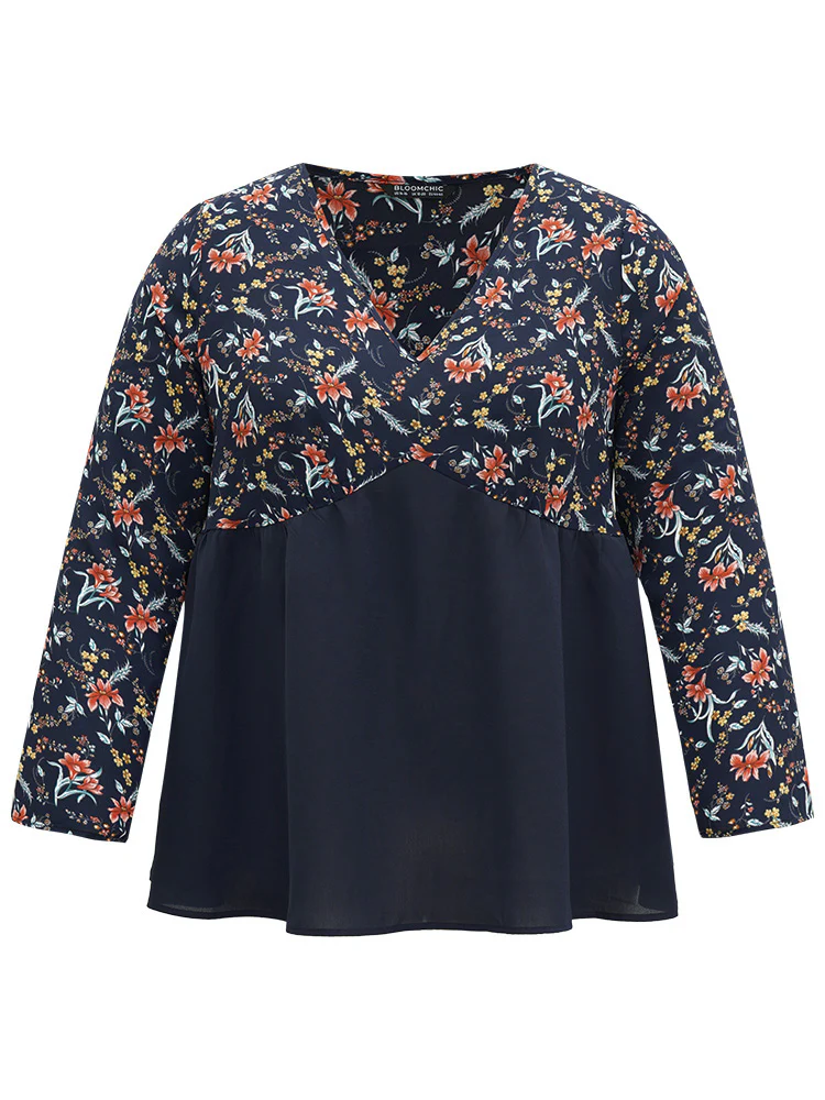 Floral Print Patchwork Pleated Blouse - Image 8