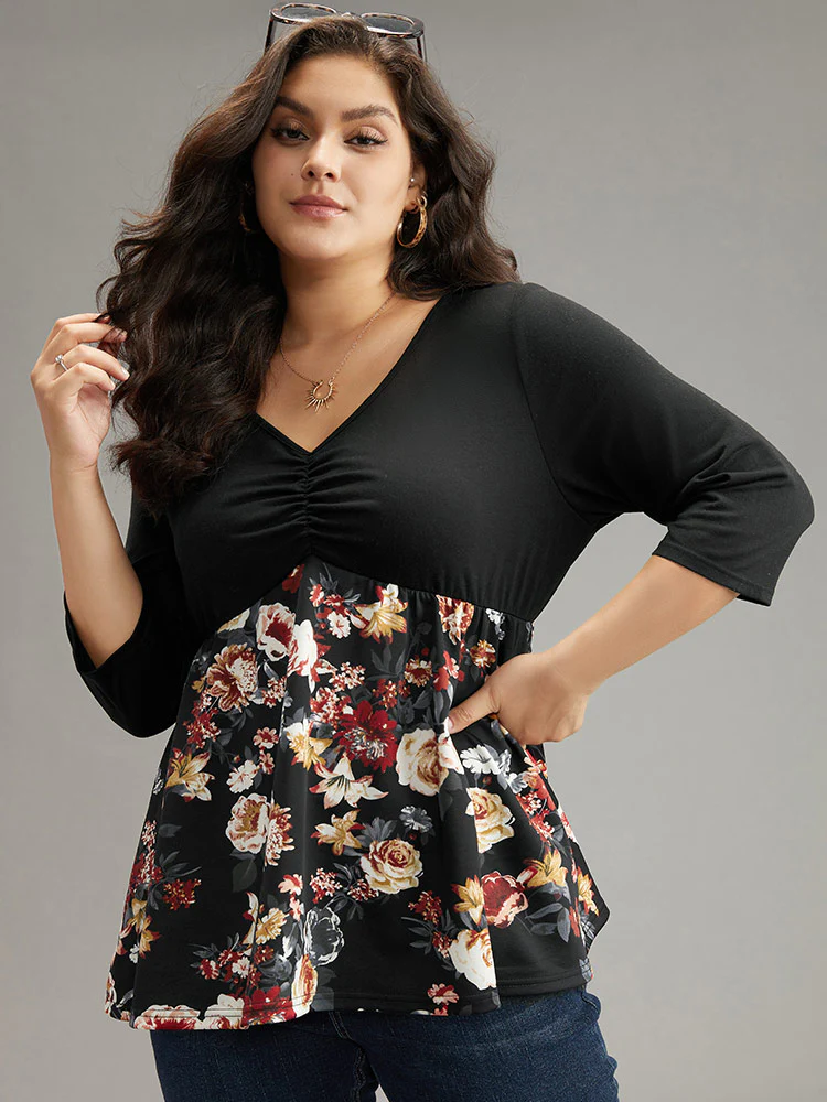 Floral Print Patchwork Ruched T-shirt - Image 2