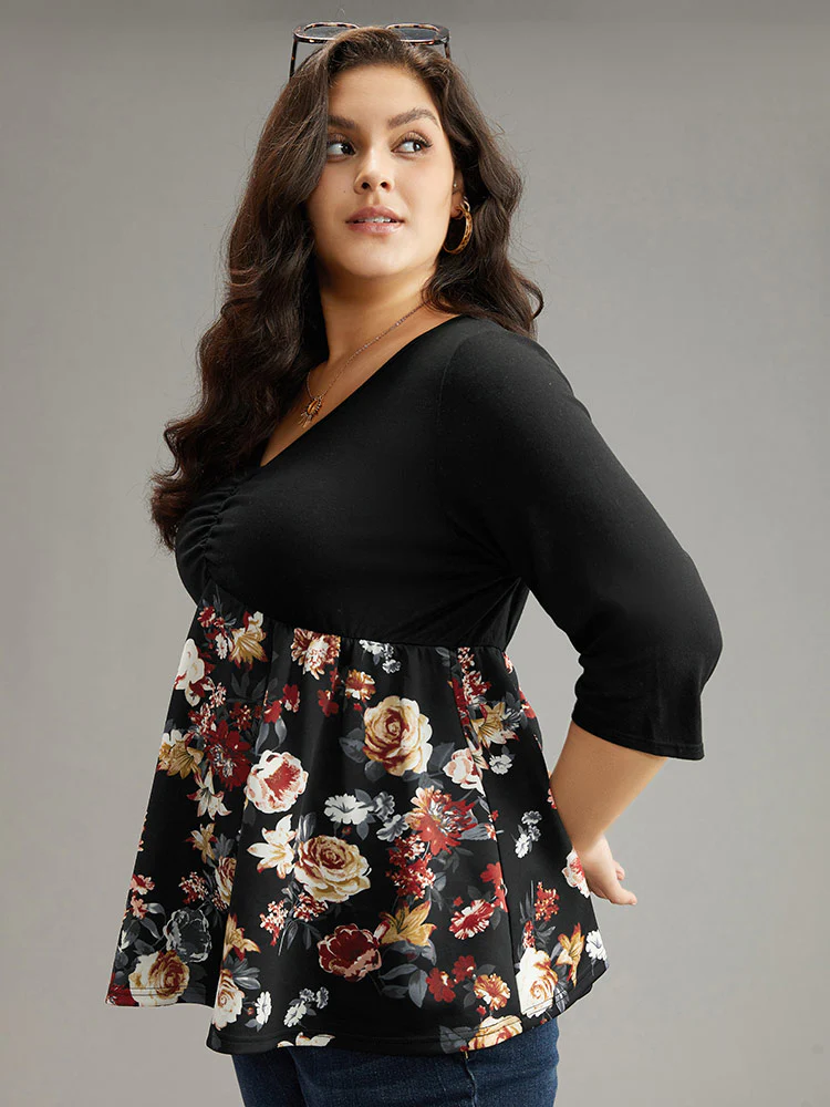 Floral Print Patchwork Ruched T-shirt - Image 3