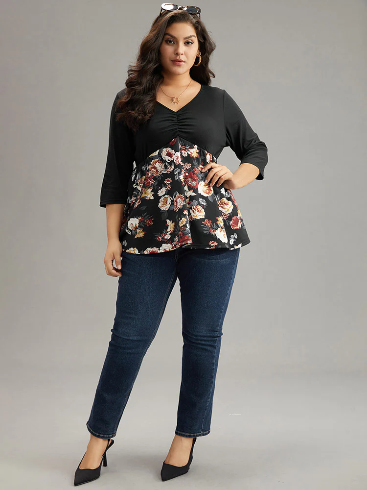 Floral Print Patchwork Ruched T-shirt - Image 4