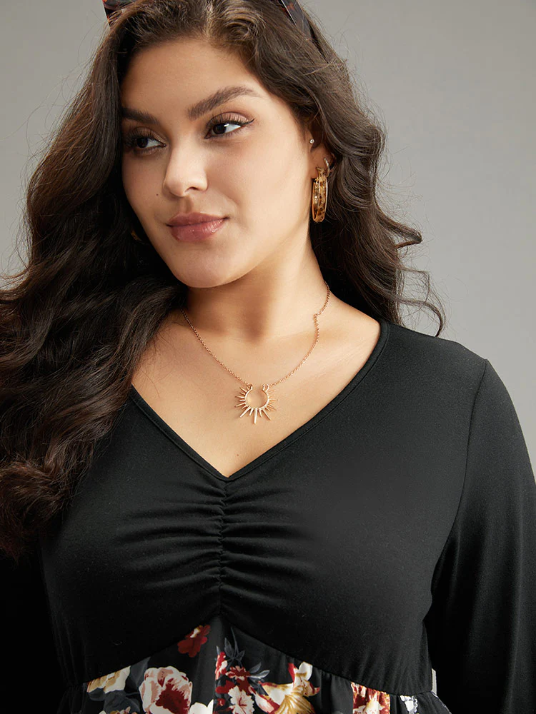Floral Print Patchwork Ruched T-shirt - Image 5