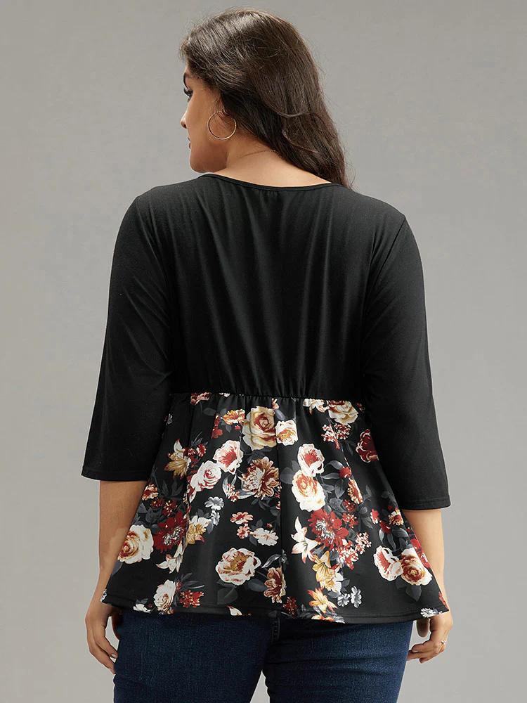 Floral Print Patchwork Ruched T-shirt - Image 6