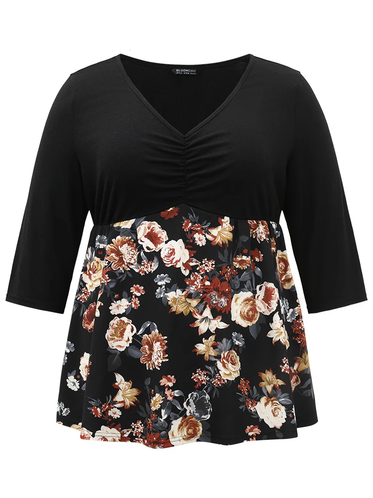 Floral Print Patchwork Ruched T-shirt - Image 8