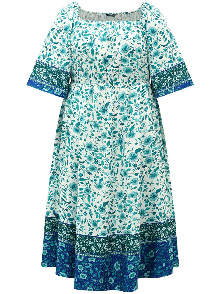 Floral Print Patchwork Square Neck Raglan Sleeve Dress - Image 10