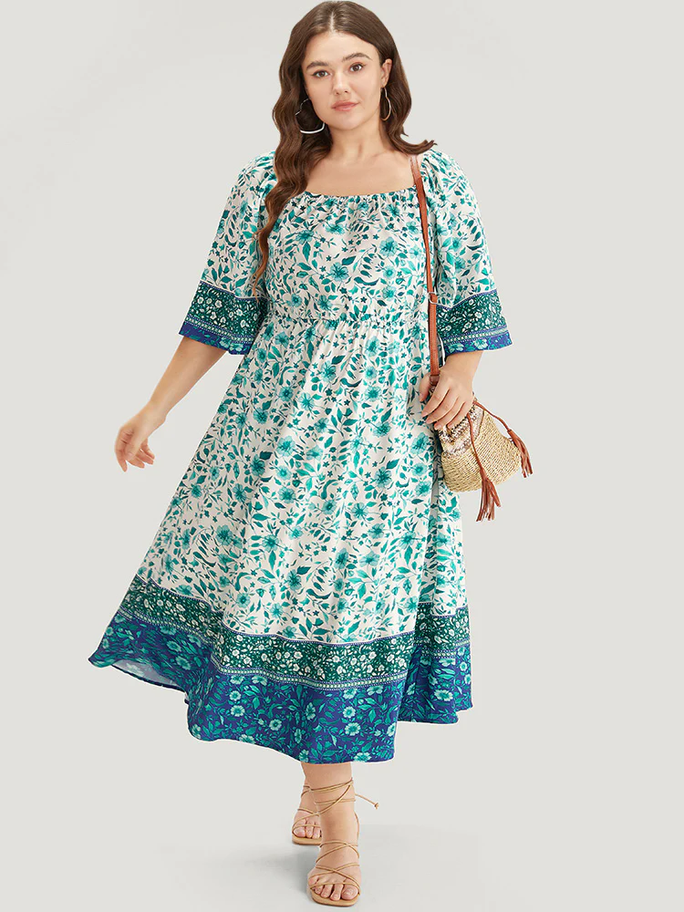 Floral Print Patchwork Square Neck Raglan Sleeve Dress - Image 3