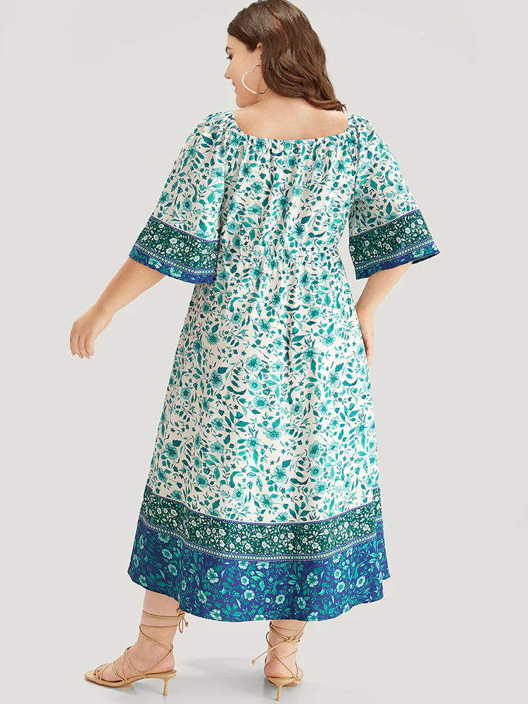 Floral Print Patchwork Square Neck Raglan Sleeve Dress - Image 4