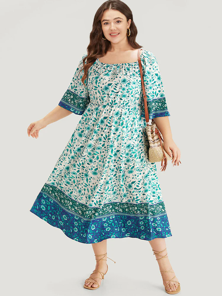 Floral Print Patchwork Square Neck Raglan Sleeve Dress - Image 5