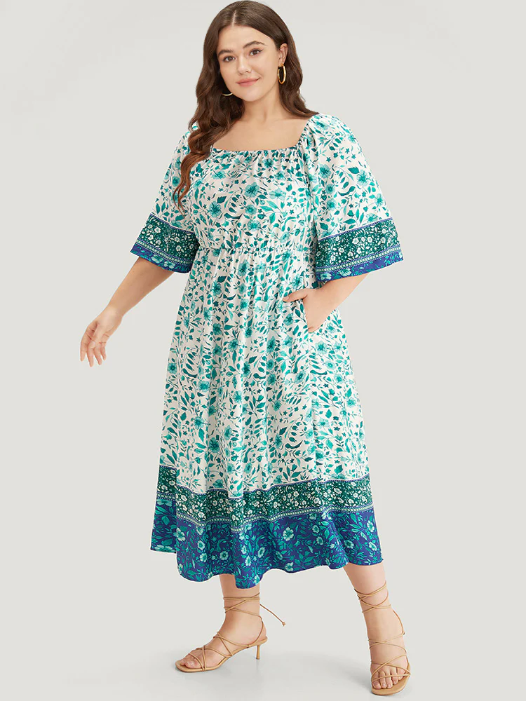 Floral Print Patchwork Square Neck Raglan Sleeve Dress - Image 6
