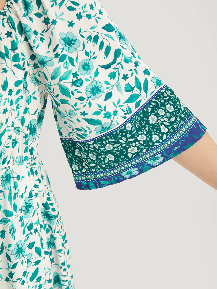 Floral Print Patchwork Square Neck Raglan Sleeve Dress - Image 8