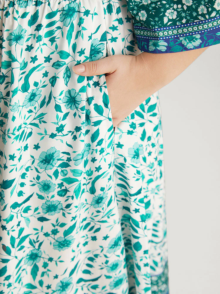 Floral Print Patchwork Square Neck Raglan Sleeve Dress - Image 9