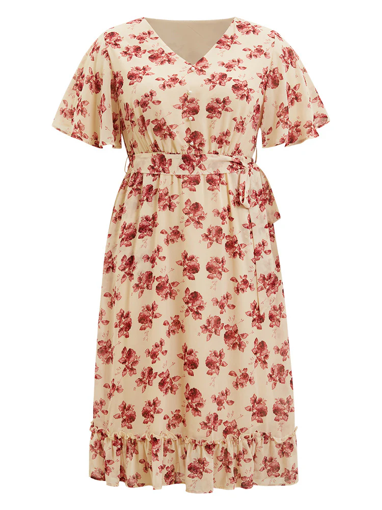Floral Print Pearl Beaded Pocket Belt Ruffle Hem Dress - Image 10