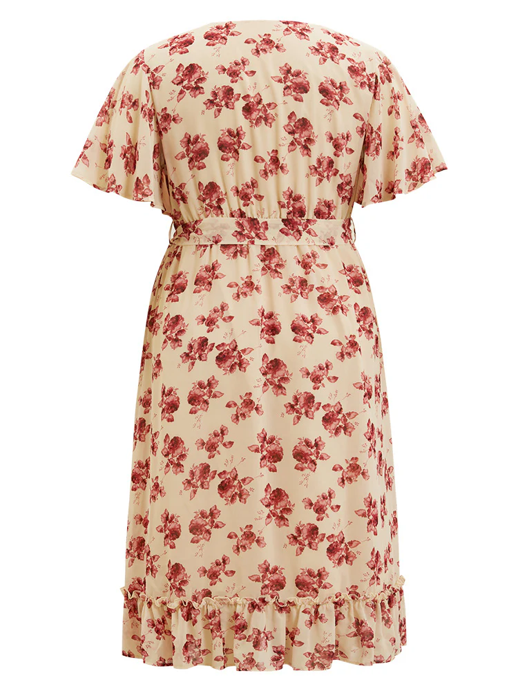 Floral Print Pearl Beaded Pocket Belt Ruffle Hem Dress - Image 11
