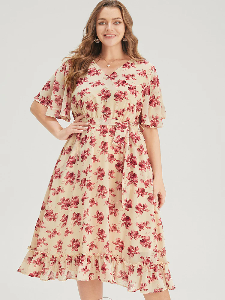 Floral Print Pearl Beaded Pocket Belt Ruffle Hem Dress - Image 2