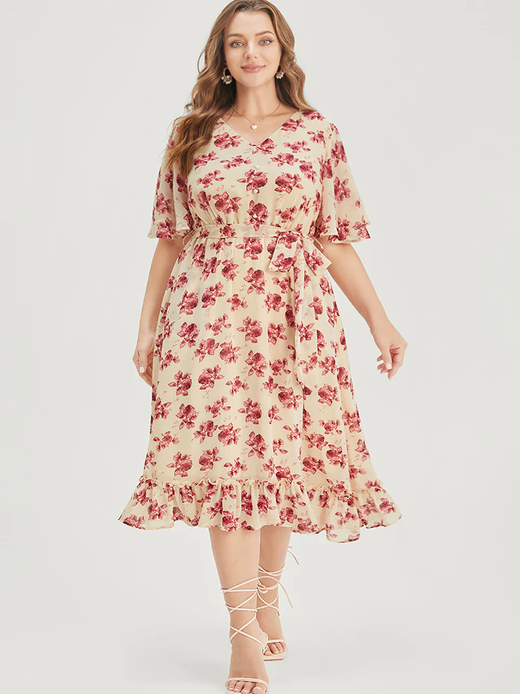 Floral Print Pearl Beaded Pocket Belt Ruffle Hem Dress - Image 3