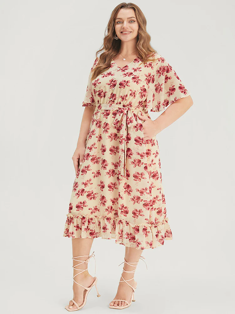 Floral Print Pearl Beaded Pocket Belt Ruffle Hem Dress - Image 4